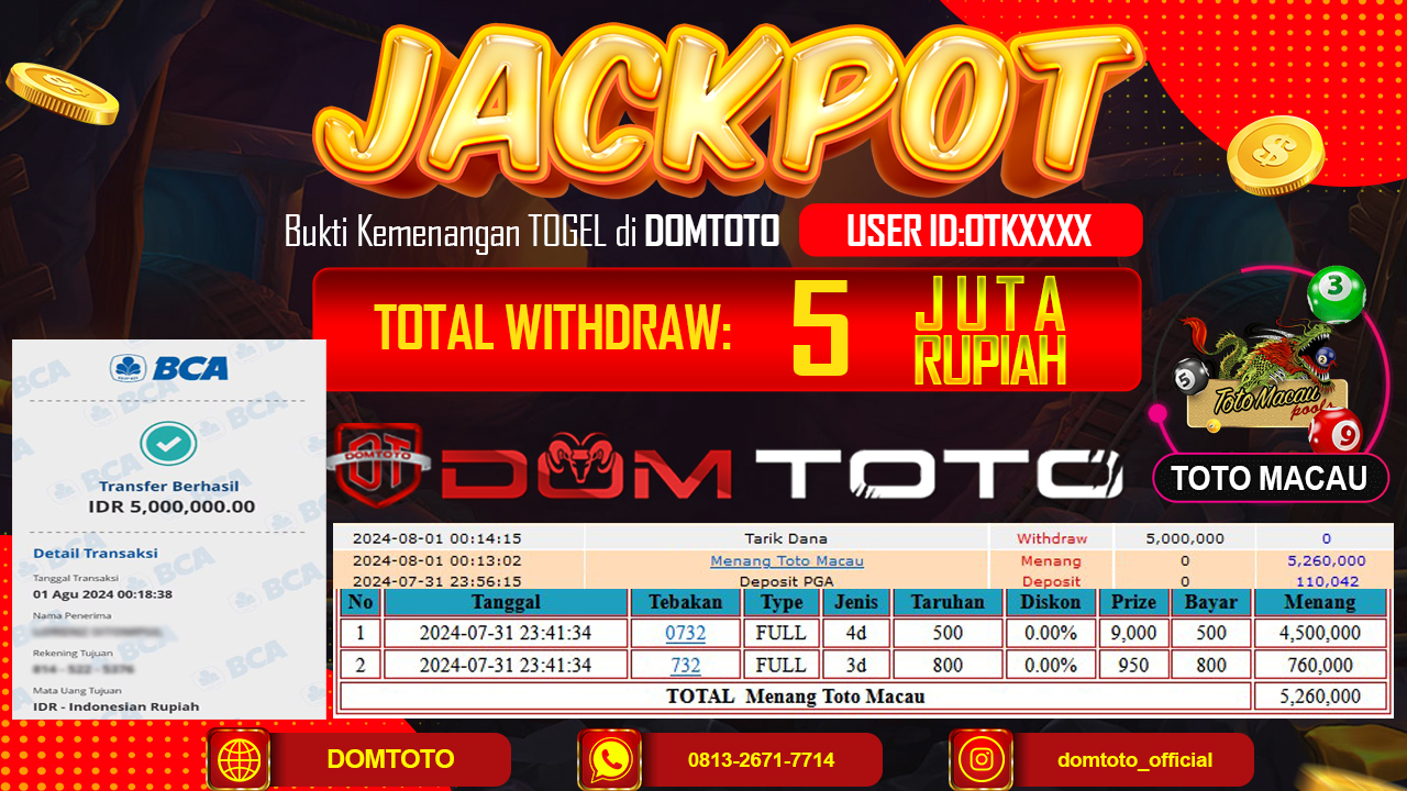 JACKPOT TOGEL TOTO MACAU 31 JULI 2024
